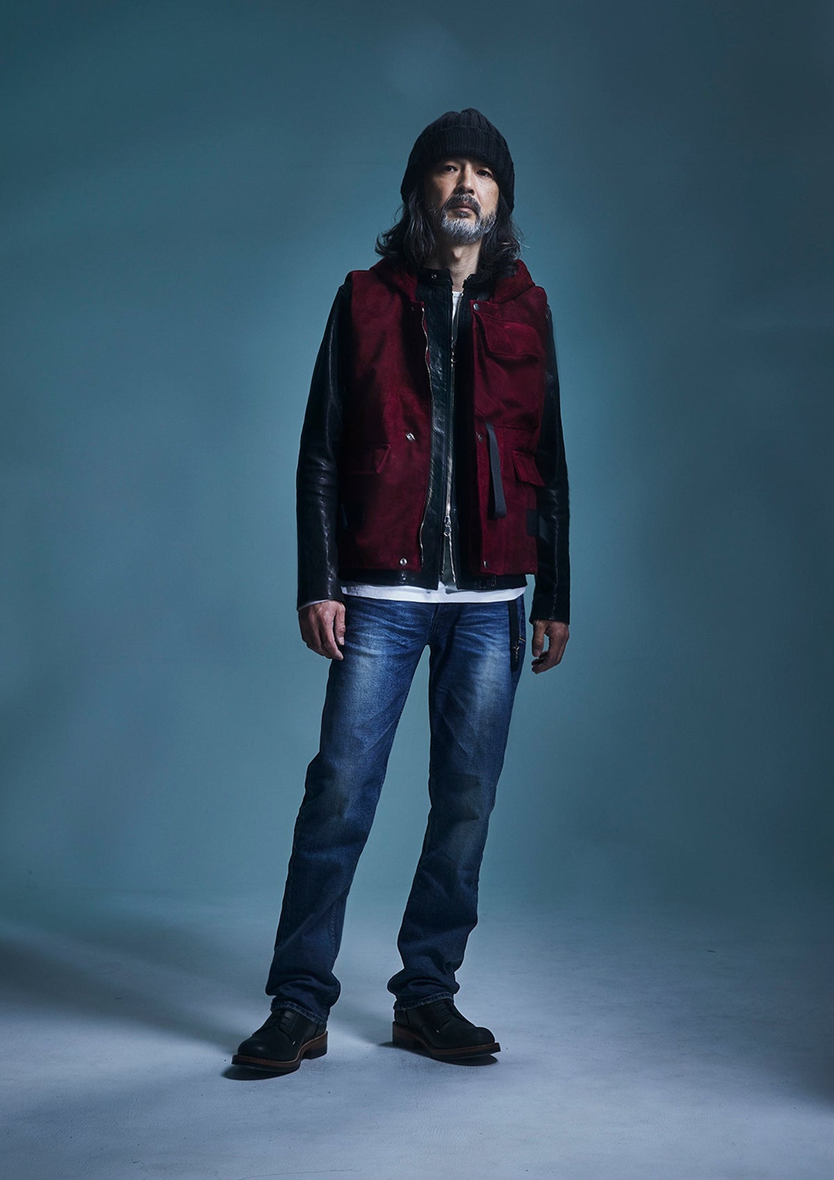 スエード ホースハイド "COOPER" フードダウンベスト - BURGUNDY