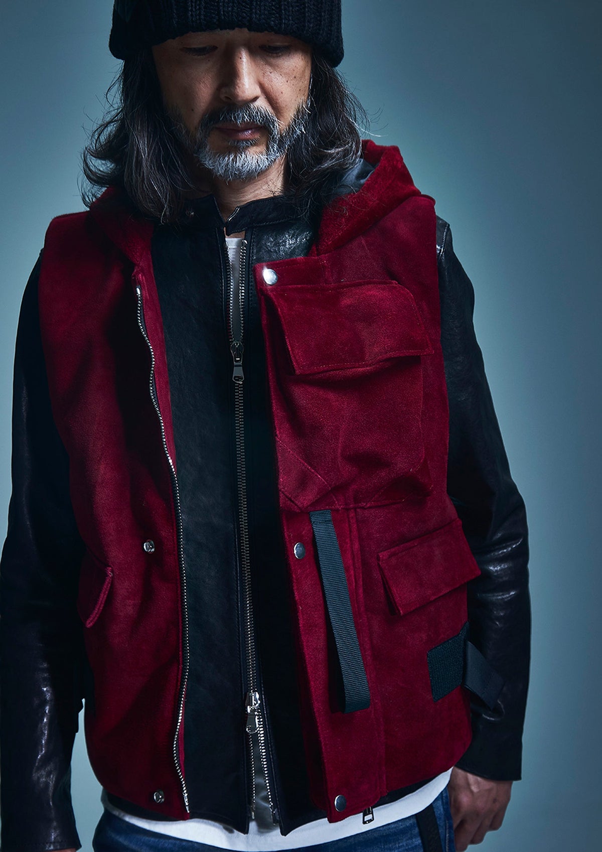 スエード ホースハイド "COOPER" フードダウンベスト - BURGUNDY