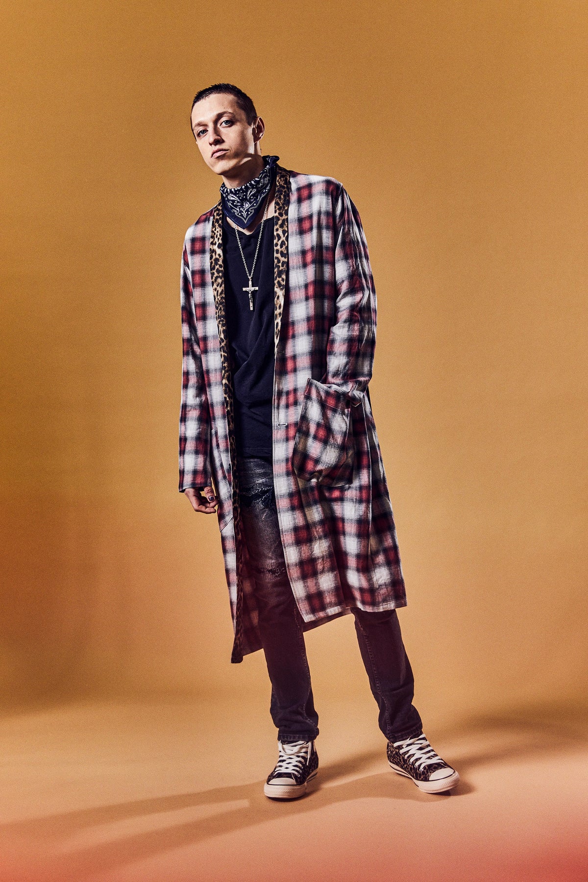 コットン リネン ラミー オンブレチェック ツイール & ポリエステルレオパードサテン ロングガウン - RED CHECK×LEOPARD