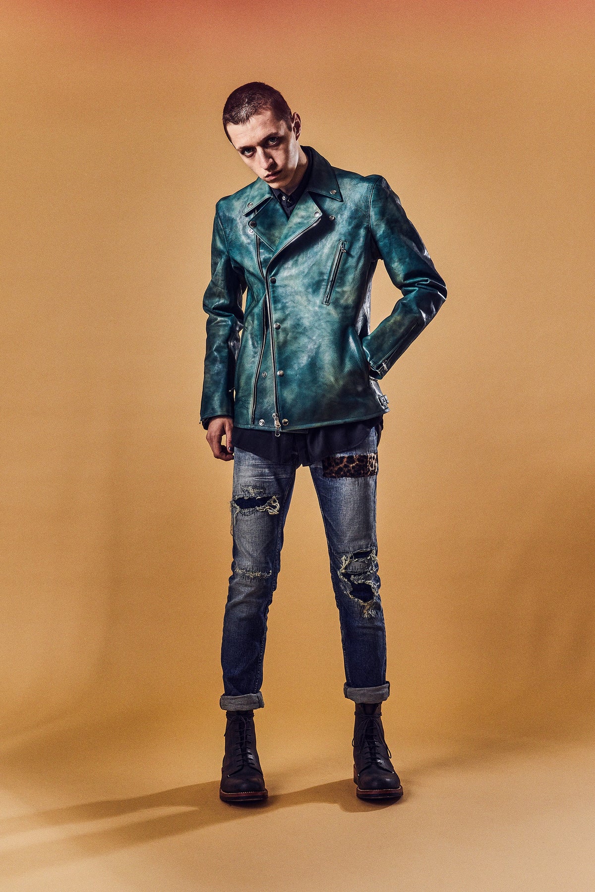 RayonTwill & Leopard Printed Satin Western Shirts - BLACK×LEOPARD