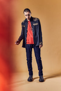 RayonTwill & Leopard Printed Satin Western Shirts - BLACK×LEOPARD