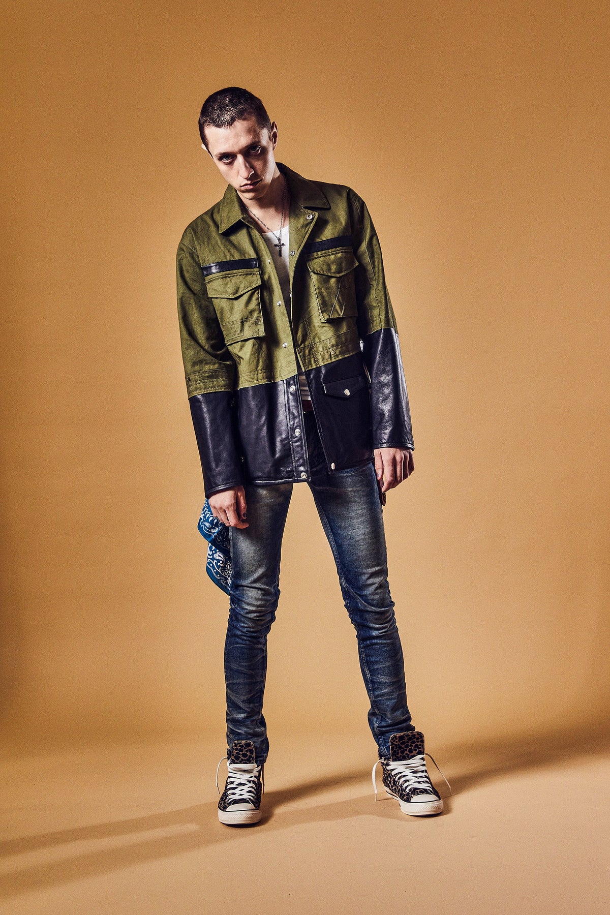 ジャパン オイルマット ステア & フランス軍デッドストックポンチョ JAG コンビネーション ブルゾン - BLACK × KHAKI