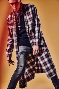 コットン リネン ラミー オンブレチェック ツイール & ポリエステルレオパードサテン ロングガウン - RED CHECK×LEOPARD