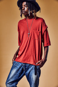 80/2 強撚天竺 オーバーサイズ レイヤード クルーネック T シャツ - RED