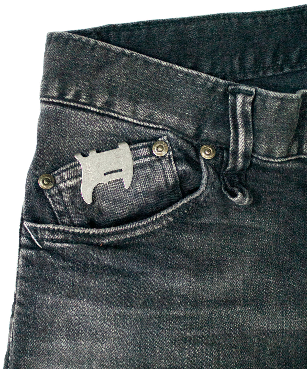 12.5oz Organic Cotton Stretch Denim Tight Straight Jeans USED CRASH & REPAIR PROCESSING - BLACK