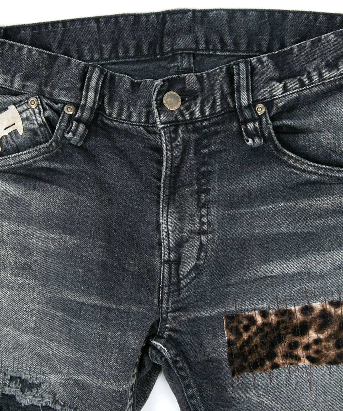 12.5oz Organic Cotton Stretch Denim Tight Straight Jeans USED CRASH & REPAIR PROCESSING - BLACK