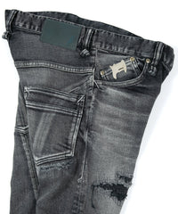 12.5oz Organic Cotton Stretch Denim Tight Straight Jeans USED CRASH & REPAIR PROCESSING - BLACK