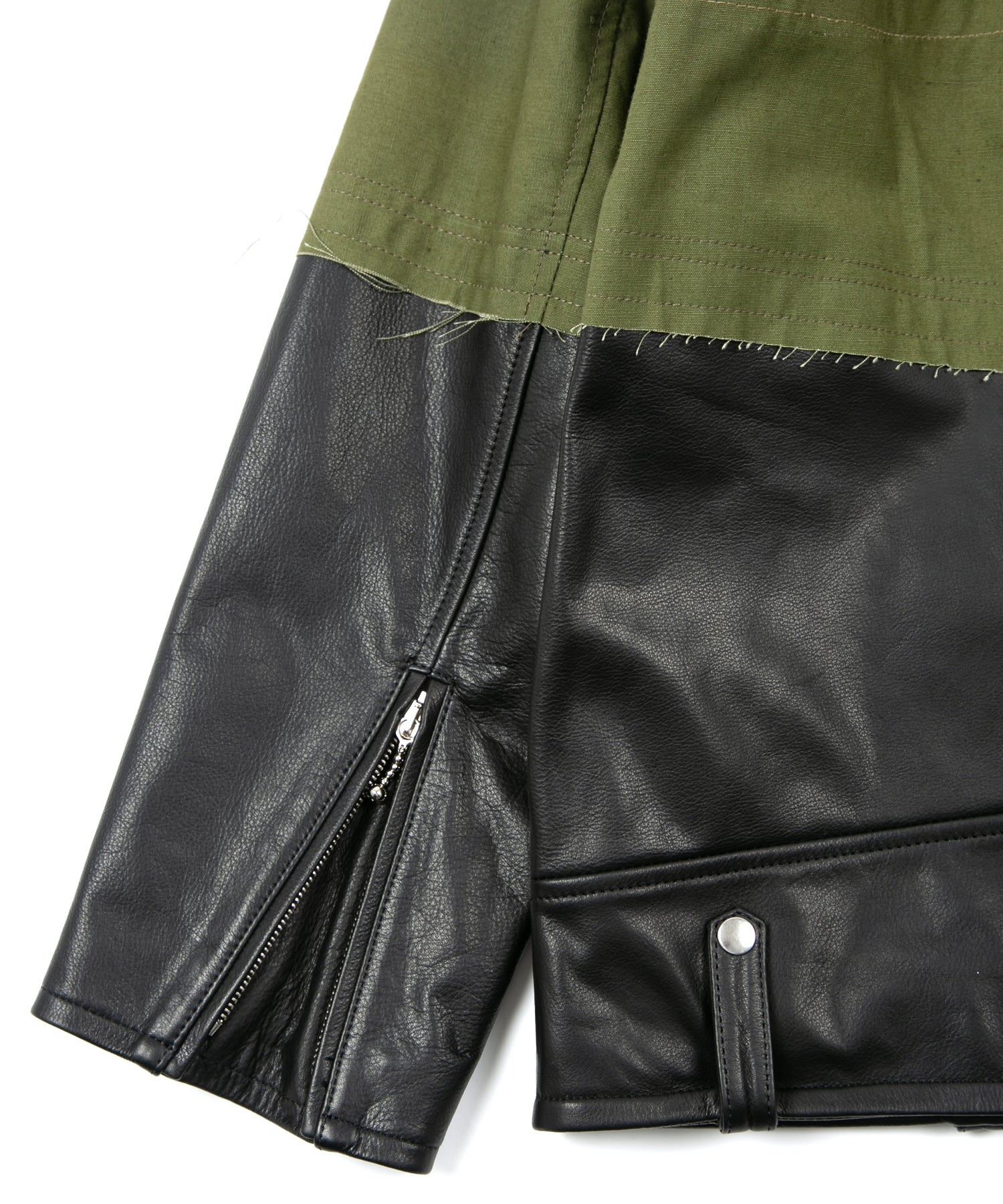 Load image into Gallery viewer, Japan Steer hide&amp;French Military Dead Stock Poncho Combination Blouson - BLACK × KHAKI