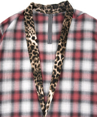 コットン リネン ラミー オンブレチェック ツイール & ポリエステルレオパードサテン ロングガウン - RED CHECK×LEOPARD