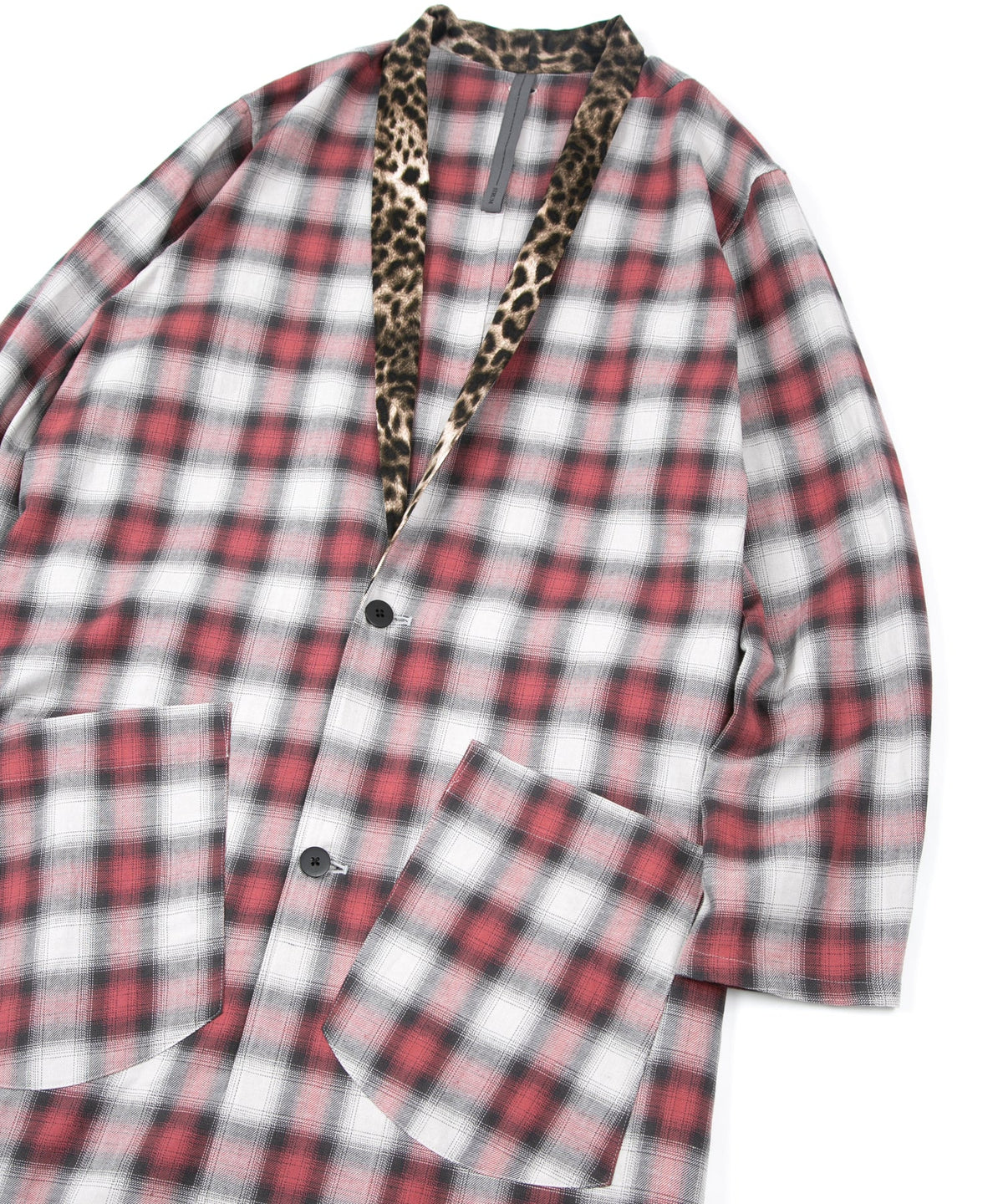 コットン リネン ラミー オンブレチェック ツイール & ポリエステルレオパードサテン ロングガウン - RED CHECK×LEOPARD