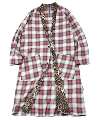 コットン リネン ラミー オンブレチェック ツイール & ポリエステルレオパードサテン ロングガウン - RED CHECK×LEOPARD