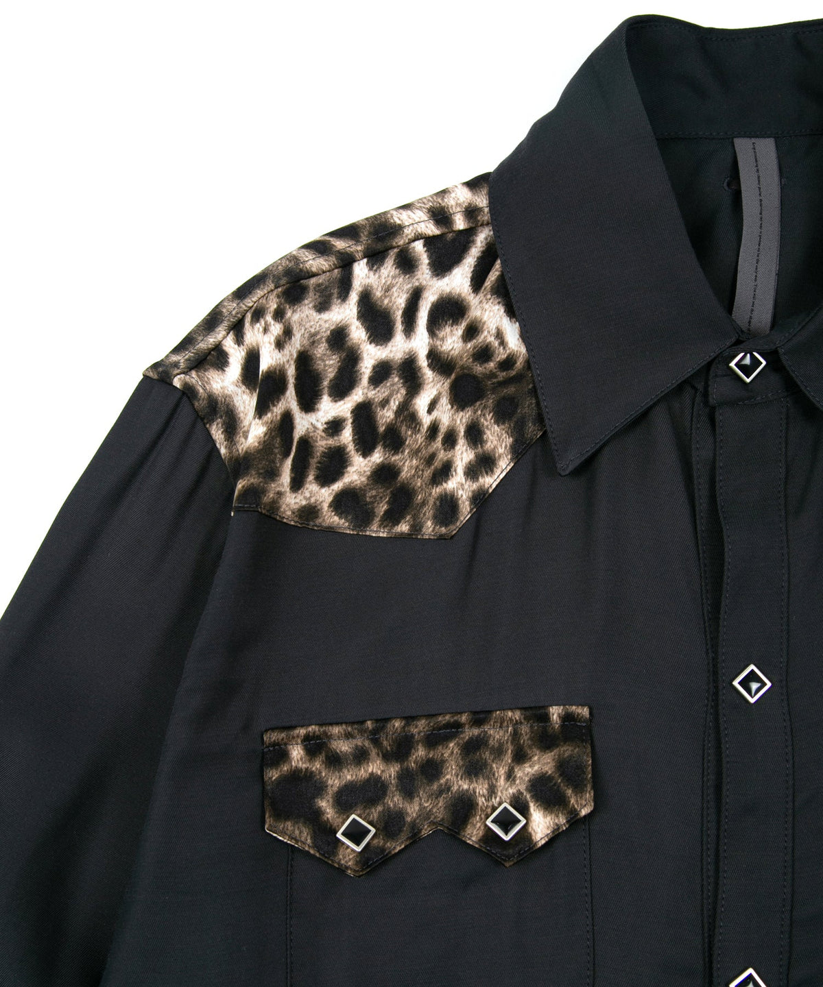 RayonTwill & Leopard Printed Satin Western Shirts - BLACK×LEOPARD