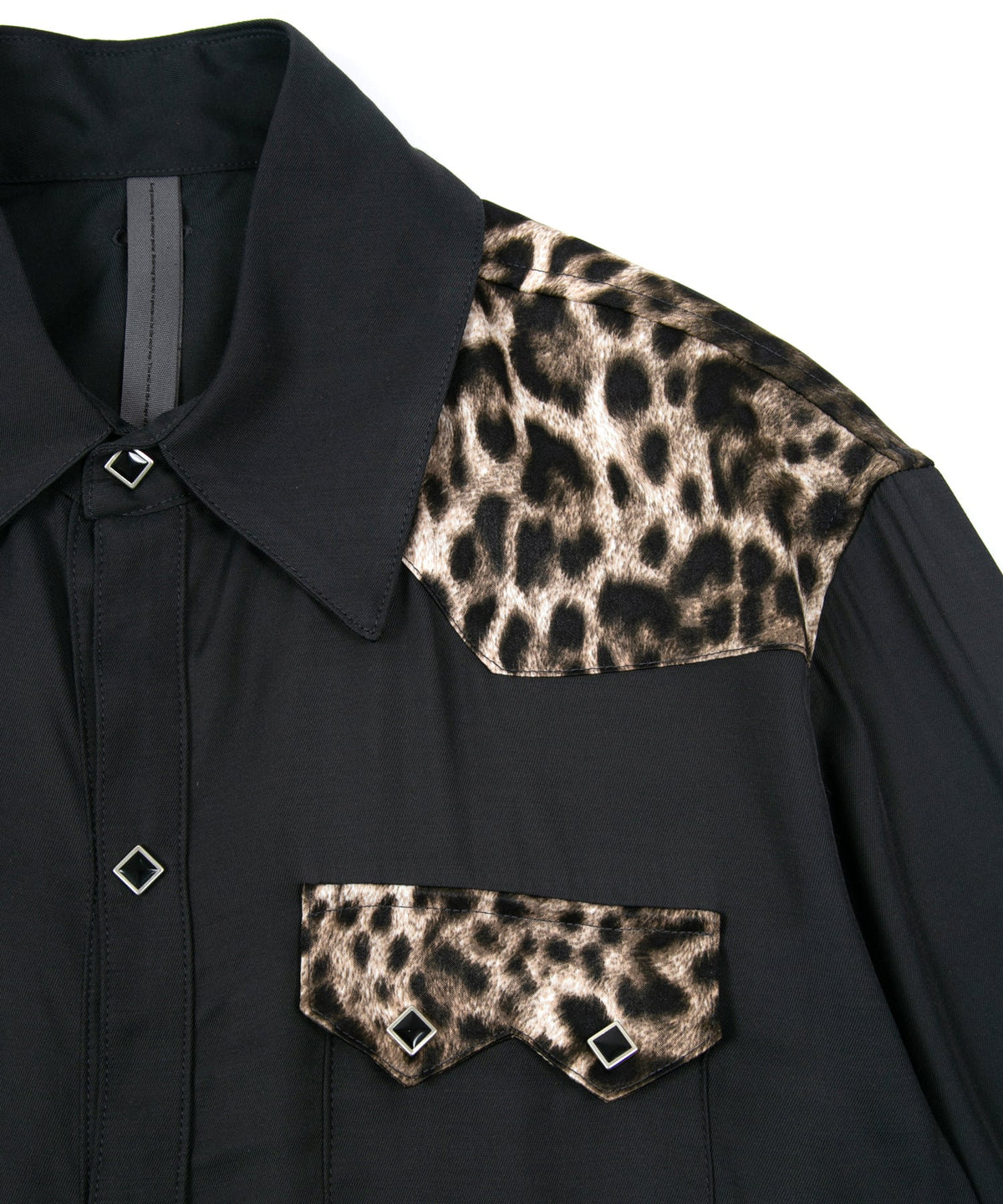 RayonTwill & Leopard Printed Satin Western Shirts - BLACK×LEOPARD
