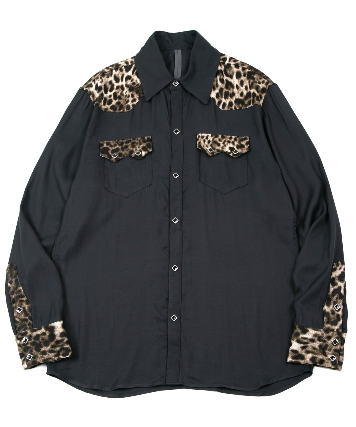 RayonTwill & Leopard Printed Satin Western Shirts - BLACK×LEOPARD