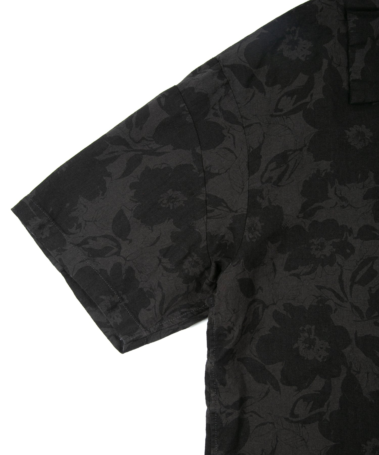 コットンリネン 花柄プリント 製品染め 半袖開襟シャツ - GRAY×BLACK