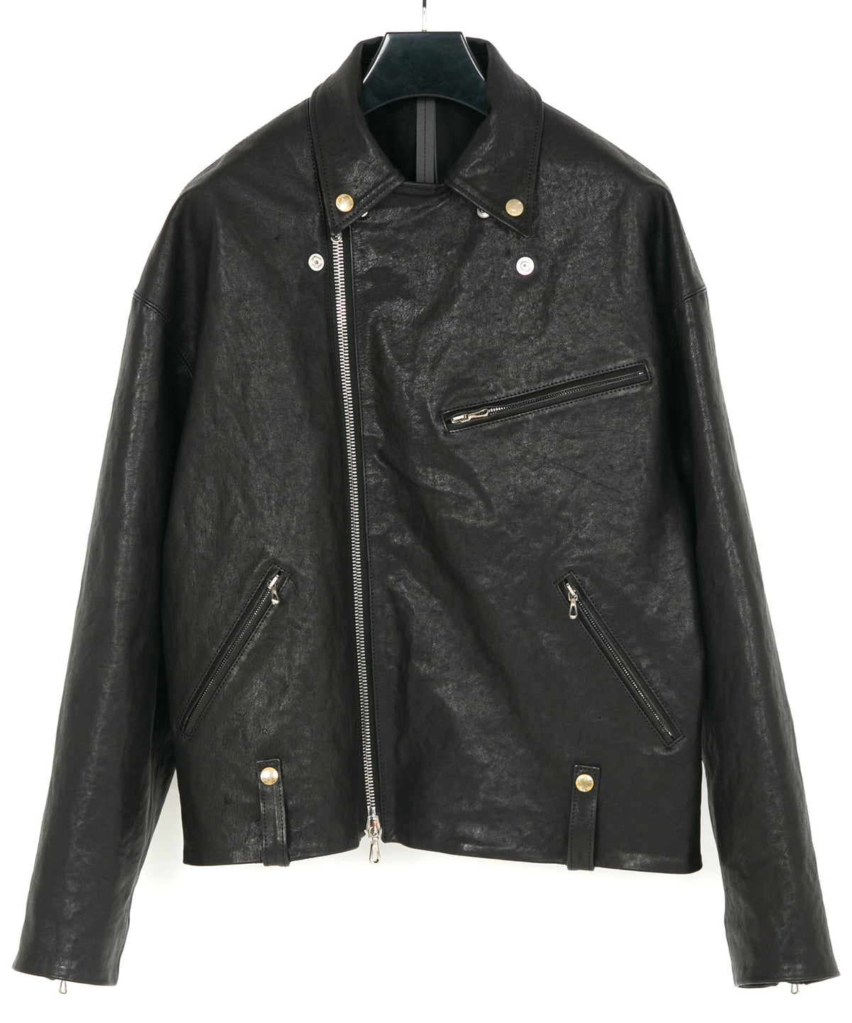 STRUM × P.E.O.T.W AG フルタンニン ピット鞣し シュリンク ホースハイド オーバーダブルライダースジャケット - BLACK