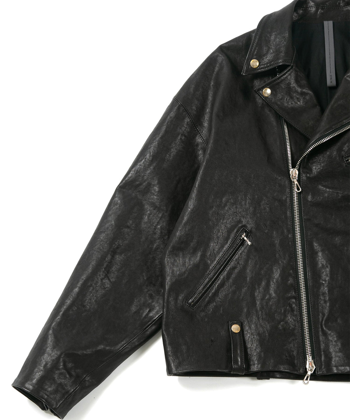 STRUM × P.E.O.T.W AG フルタンニン ピット鞣し シュリンク ホースハイド オーバーダブルライダースジャケット - BLACK