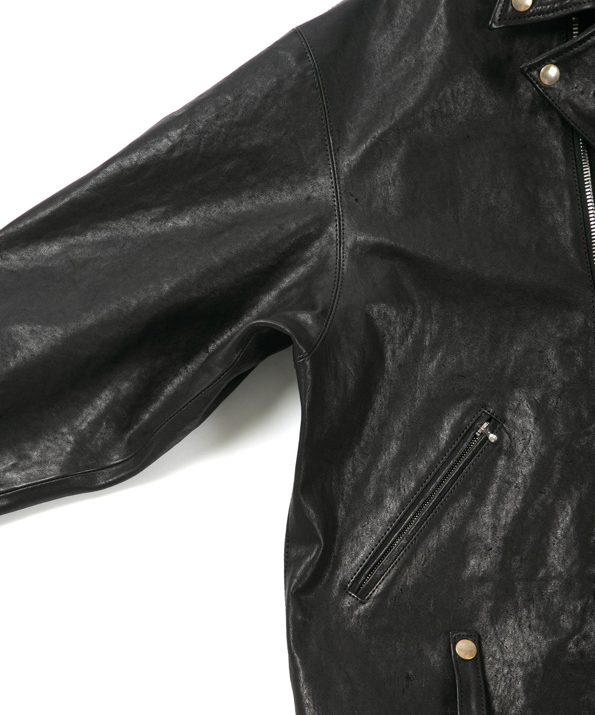 STRUM × P.E.O.T.W AG フルタンニン ピット鞣し シュリンク ホースハイド オーバーダブルライダースジャケット - BLACK