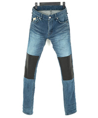 12.5oz Organic Cotton Stretch Denim "TIGHT JOE" Tight Straight Jeans USED PROCESSING & LEATHER W KNEES , POCKET / INDIGO