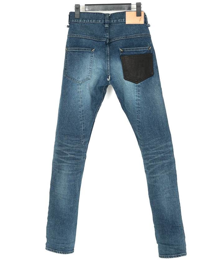 12.5oz オーガニックコットン ストレッチデニム TIGHT JOE タイトストレート ユーズド加工&レザー W ニー、ポケット - INDIGO