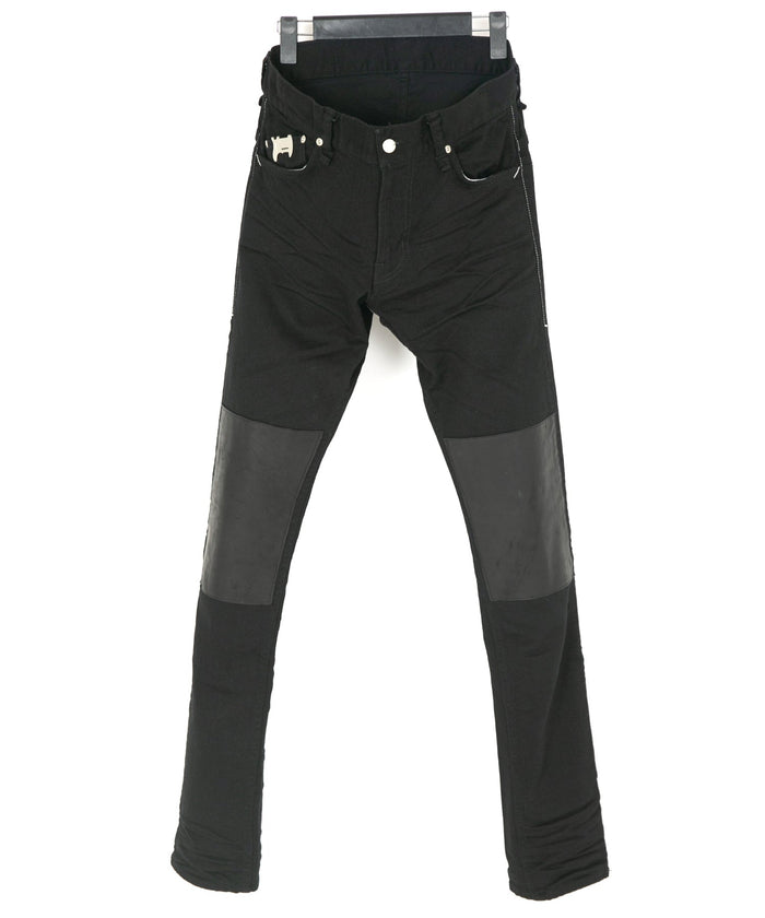 11oz オーガニックコットン ストレッチデニム TIGHT JOE タイトストレート ワンウォッシュ & レザー W ニー、ポケット - BLACK