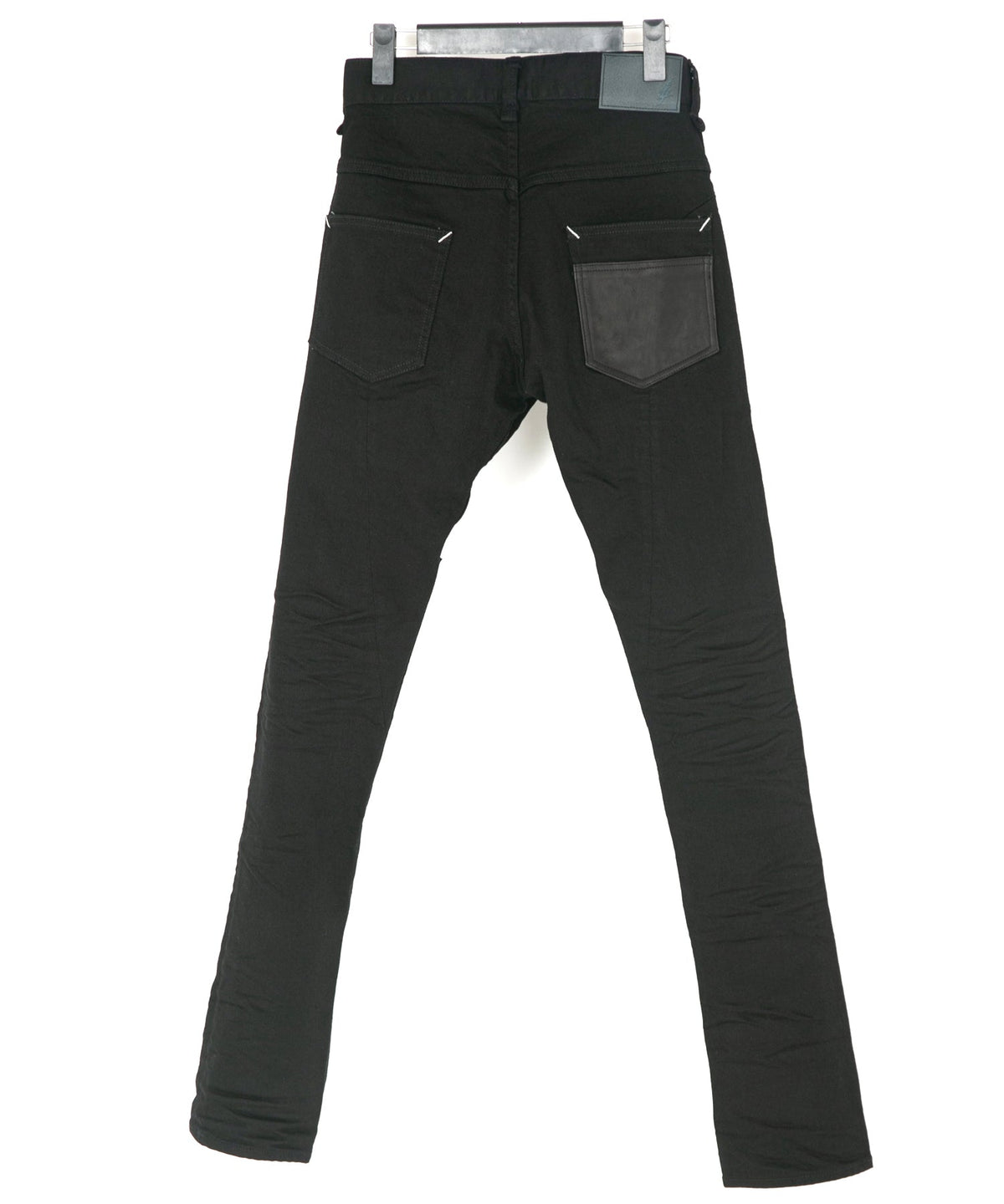 11oz Organic Cotton Stretch Denim "TIGHT JOE" Tight Straight Jeans ONE WASH & LEATHER W KNEES , POCKET / BLACK
