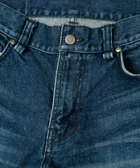 12.5oz Organic Cotton Stretch Denim "TIGHT JOE" Tight Straight Jeans USED PROCESSING & LEATHER W KNEES , POCKET / INDIGO