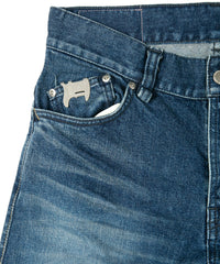 12.5oz Organic Cotton Stretch Denim "TIGHT JOE" Tight Straight Jeans USED PROCESSING & LEATHER W KNEES , POCKET / INDIGO