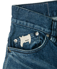 12.5oz Organic Cotton Stretch Denim "TIGHT JOE" Tight Straight Jeans USED PROCESSING & LEATHER W KNEES , POCKET / INDIGO