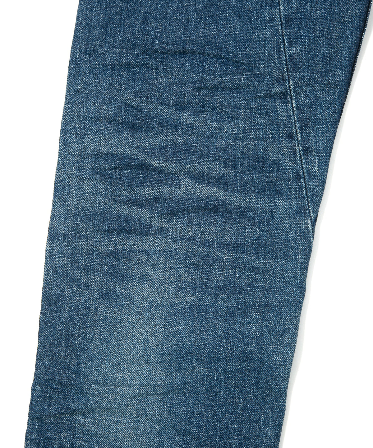 12.5oz Organic Cotton Stretch Denim "TIGHT JOE" Tight Straight Jeans USED PROCESSING & LEATHER W KNEES , POCKET / INDIGO