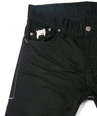 11oz Organic Cotton Stretch Denim "TIGHT JOE" Tight Straight Jeans ONE WASH & LEATHER W KNEES , POCKET / BLACK