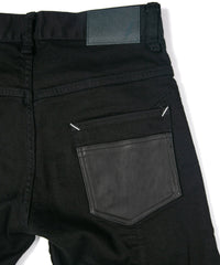 11oz Organic Cotton Stretch Denim "TIGHT JOE" Tight Straight Jeans ONE WASH & LEATHER W KNEES , POCKET / BLACK