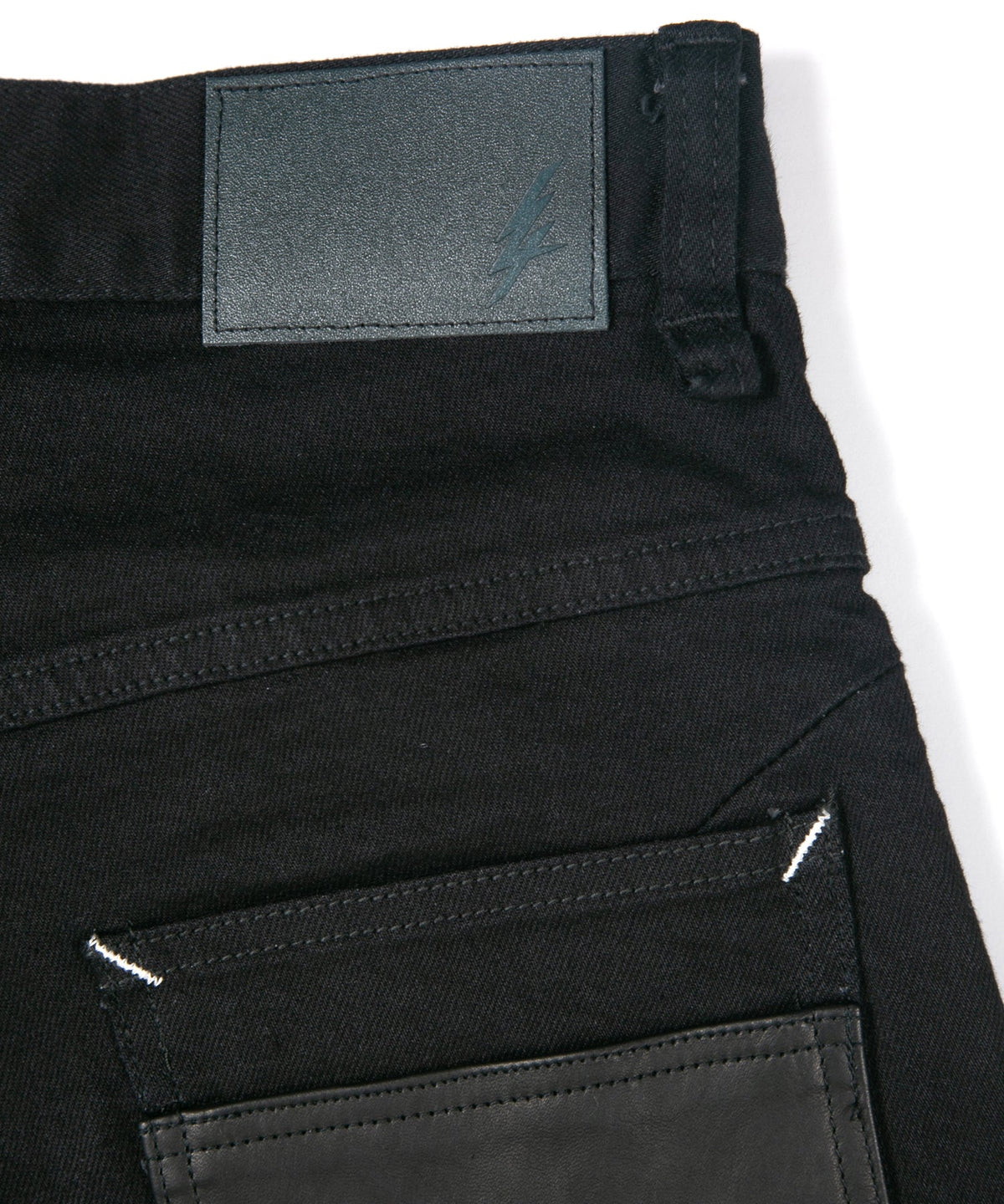 11oz Organic Cotton Stretch Denim "TIGHT JOE" Tight Straight Jeans ONE WASH & LEATHER W KNEES , POCKET / BLACK