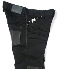11oz Organic Cotton Stretch Denim "TIGHT JOE" Tight Straight Jeans ONE WASH & LEATHER W KNEES , POCKET / BLACK