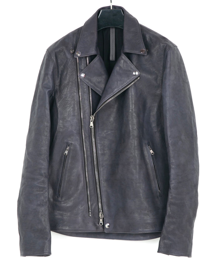 フルタンニン鞣し ジャパンカーフスキン Burning dyed - 燃焼製品染め RAVEN ダブルライダースジャケット - STONE PURPLE