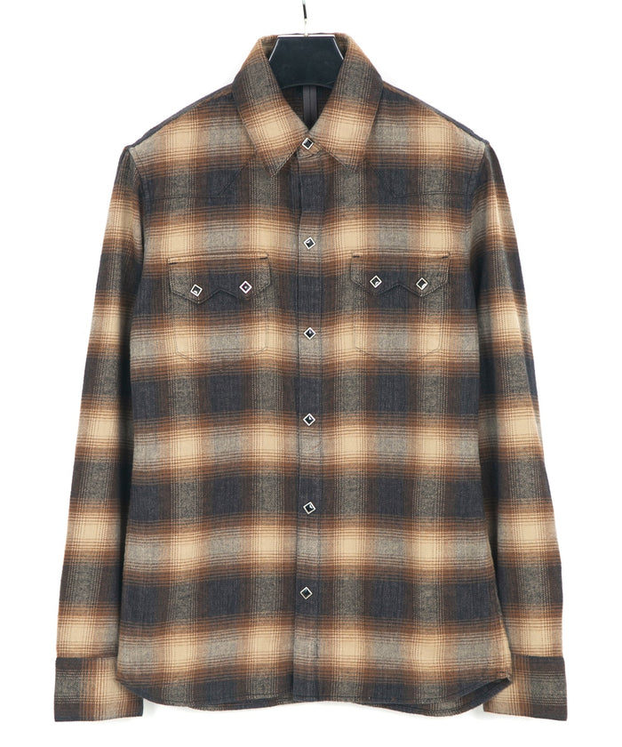 コットン シャギーチェック 長袖ウエスタンシャツ - BROWN