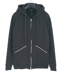 Stretch Cotton Polyester Knit Backside Velor finish Zip up Hoodie - Black