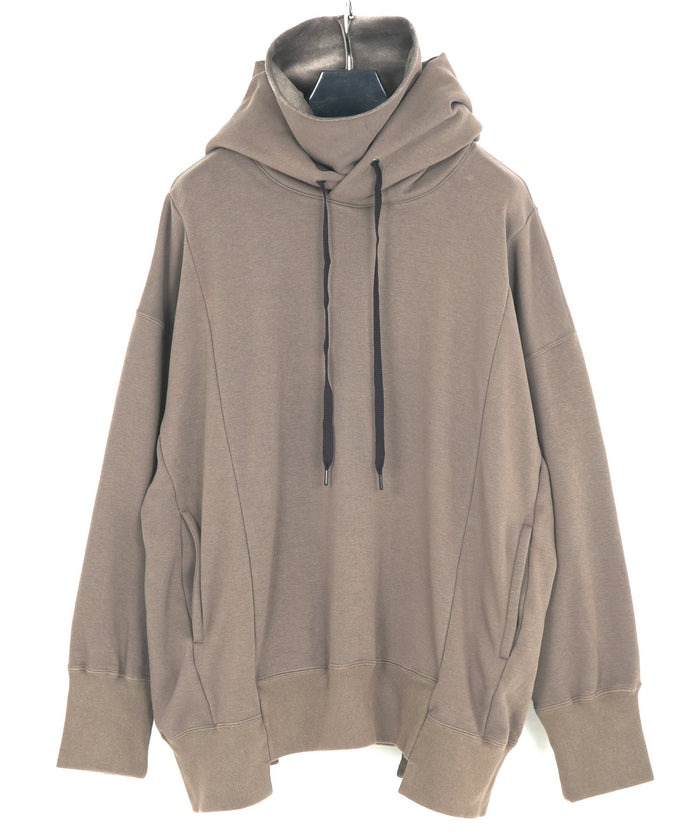 ストレッチコットンポリ ベロア加工ニット ハイネック フーディー - OLIVE