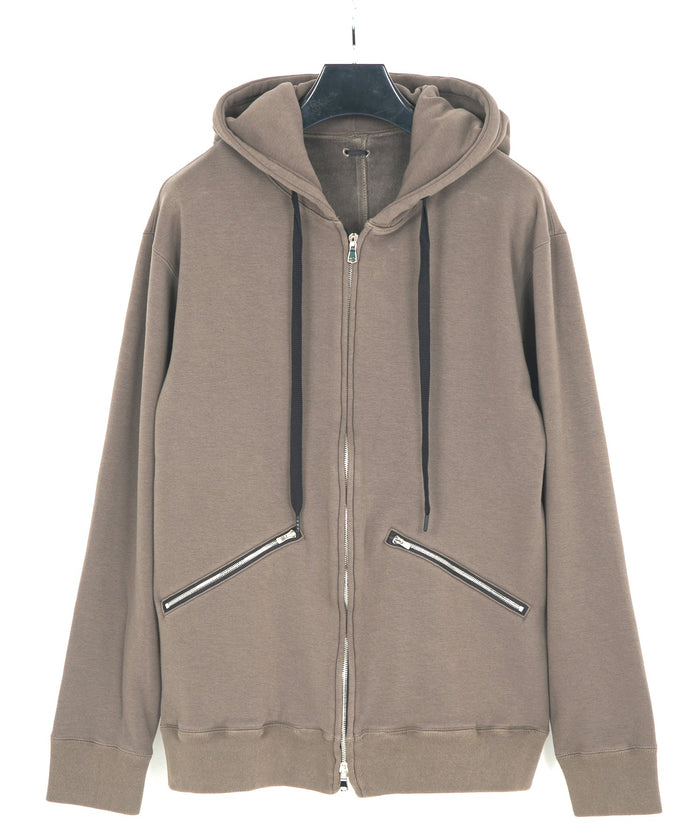 ストレッチコットンポリ ベロア加工ニット ジップアップフーディー - OLIVE