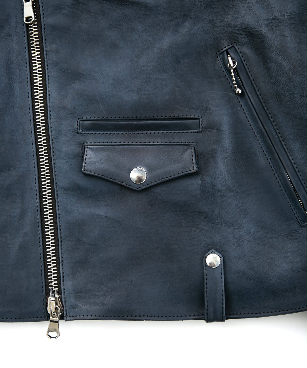 フルタンニン鞣し ジャパンカーフスキン Burning dyed - 燃焼製品染め JOEY ダブルライダースジャケット - GUNBLUE