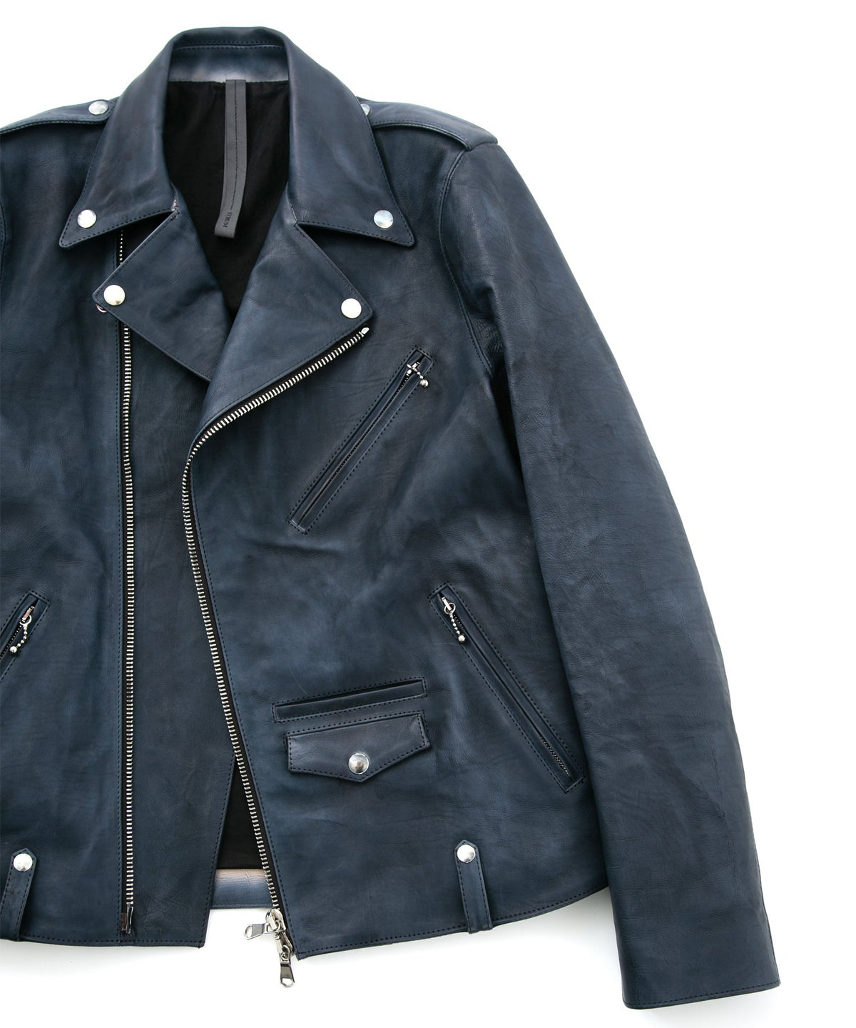 フルタンニン鞣し ジャパンカーフスキン Burning dyed - 燃焼製品染め JOEY ダブルライダースジャケット - GUNBLUE