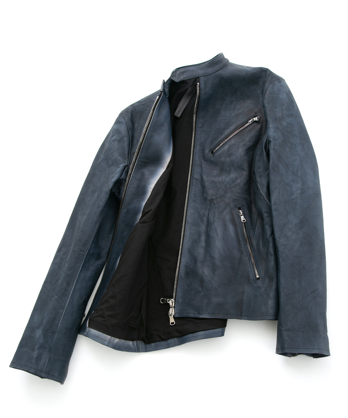 フルタンニン鞣し カーフスキン Burning dyed - 燃焼製品染め SLATER シングルライダースジャケット - GUNBLUE