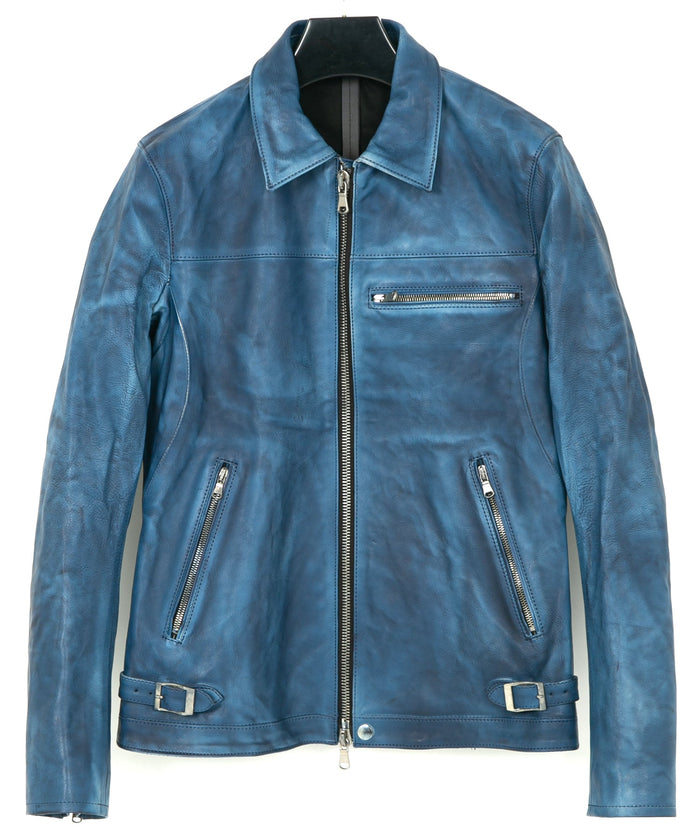 フルタンニン鞣し ジャパンカーフスキン Burning dyed - 燃焼製品染め FEVER シングルライダースジャケット - BLUE