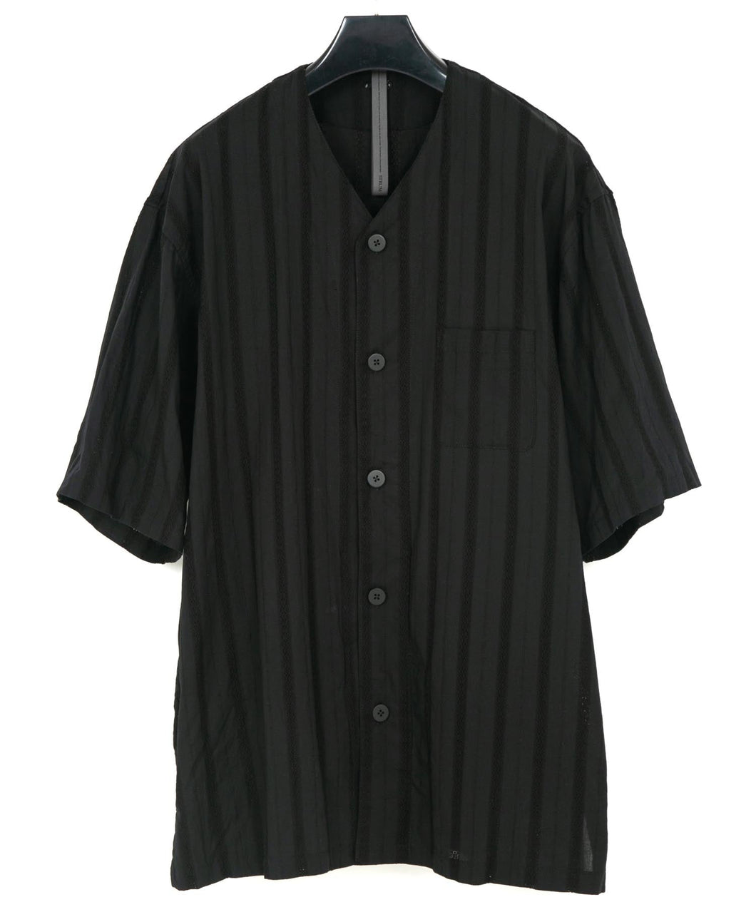 Stripe Cotton Leno Cloth Baggy No-collor Shirts / BLACK