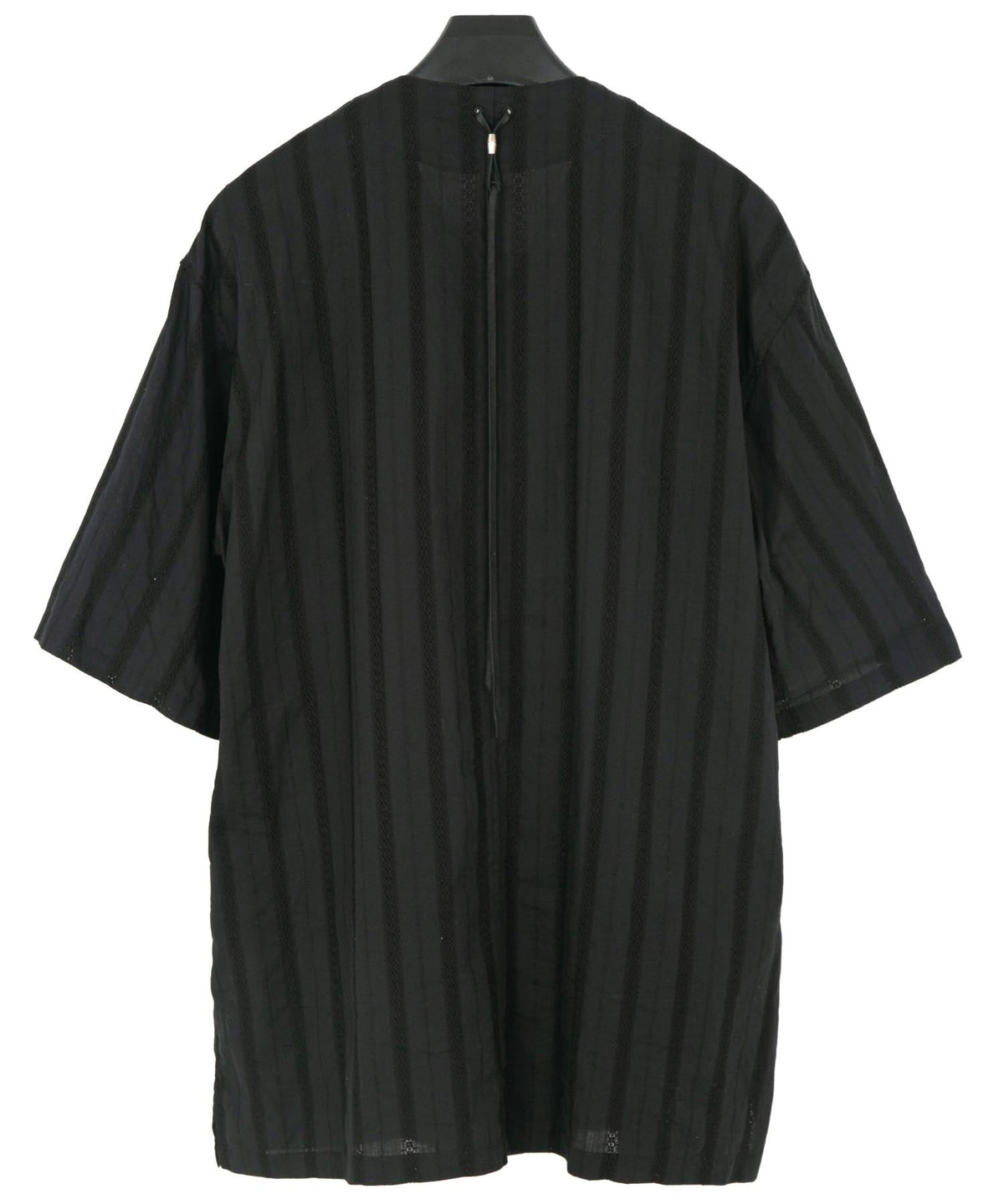 Stripe Cotton Leno Cloth Baggy No-collor Shirts / BLACK