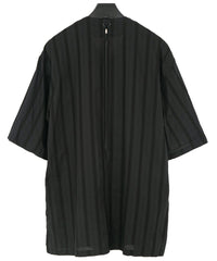 Stripe Cotton Leno Cloth Baggy No-collor Shirts / BLACK