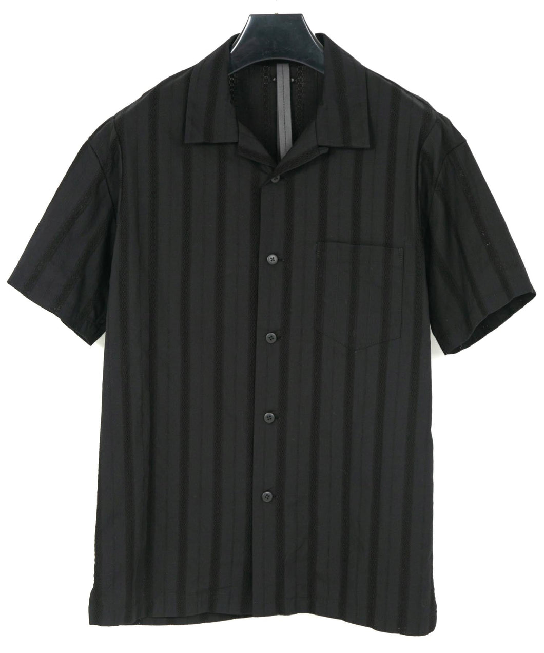 Stripe Cotton Leno Cloth Open-necked Short-Sleeve Shirts / BLACK