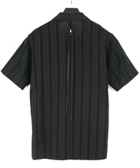 Stripe Cotton Leno Cloth Open-necked Short-Sleeve Shirts / BLACK