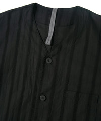 Stripe Cotton Leno Cloth Baggy No-collor Shirts / BLACK