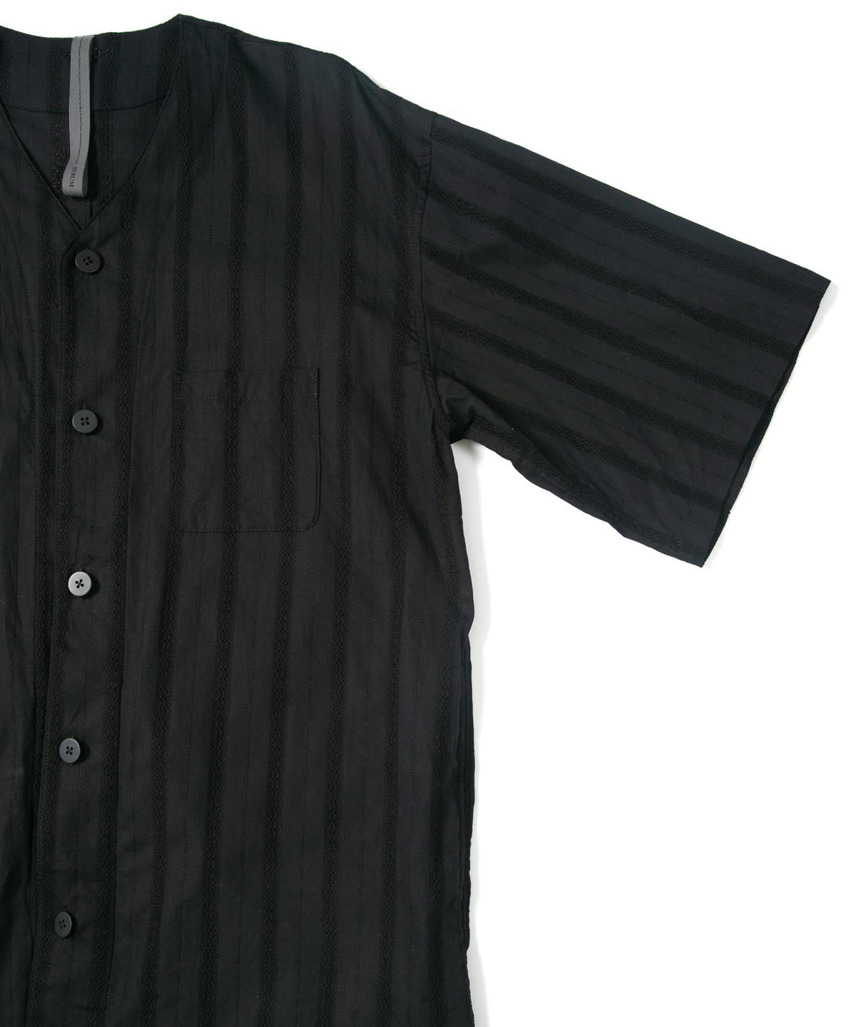 Stripe Cotton Leno Cloth Baggy No-collor Shirts / BLACK